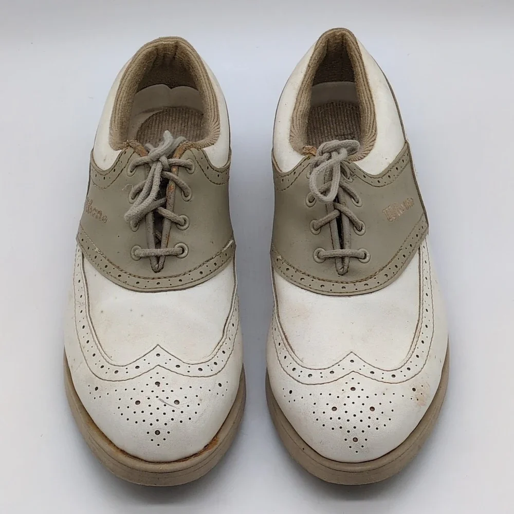 Wilson Prostaff Shoes Womens Beige 10 Leather‎ Golf Cleats Lace Up Wingtip GS361